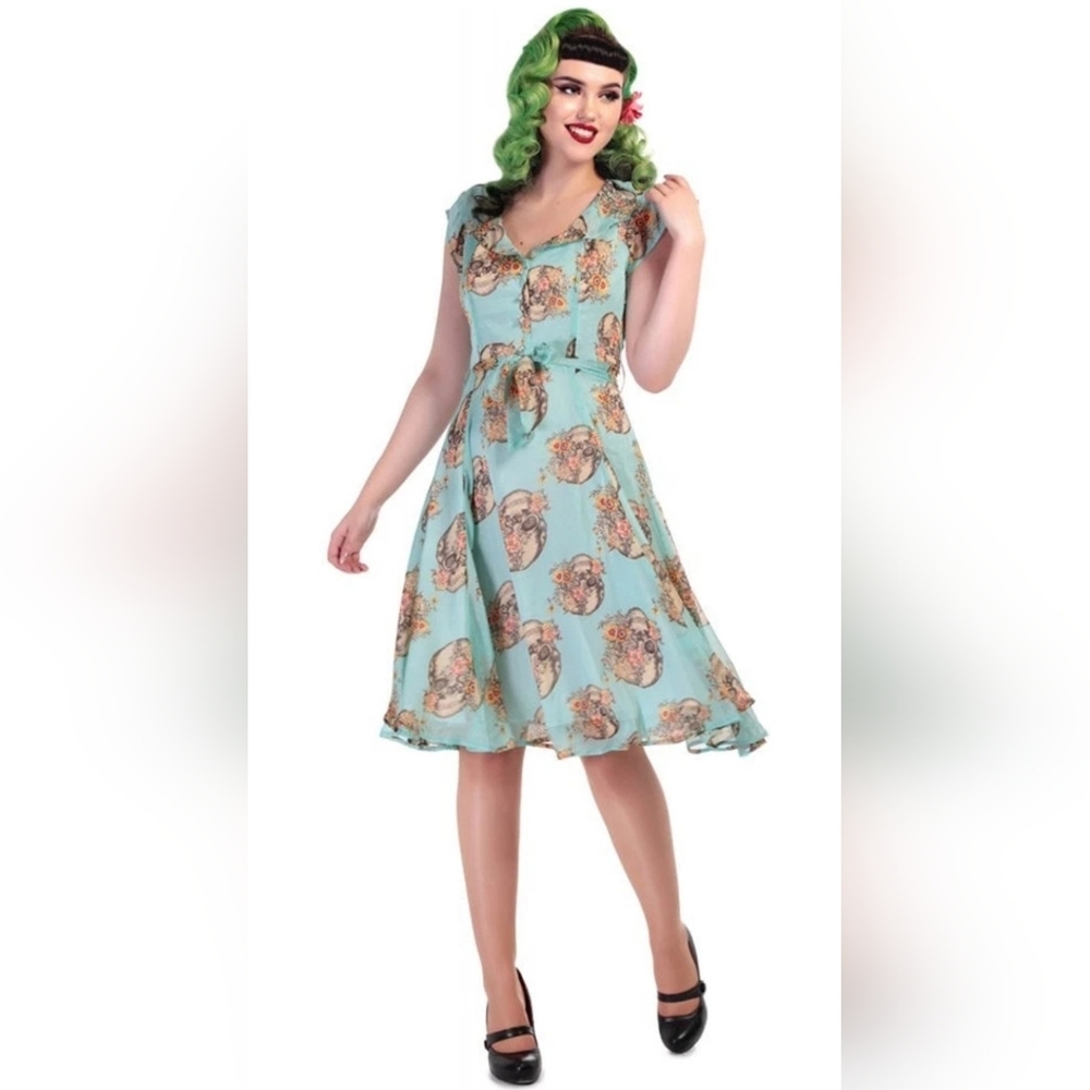 Collectif Violet Skull Chiffon Dress, GUC, Size 12